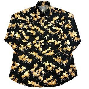 VTG Mens Western Pearl Snap Button Up Shirt Long Sleeve Horses Rodeo Black XL